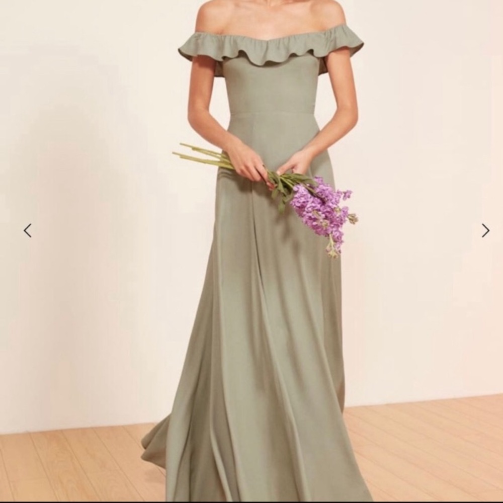 Reformation Verbena Sage Seafoam Off Shoulder maxi Dress Bridesmaid green gown